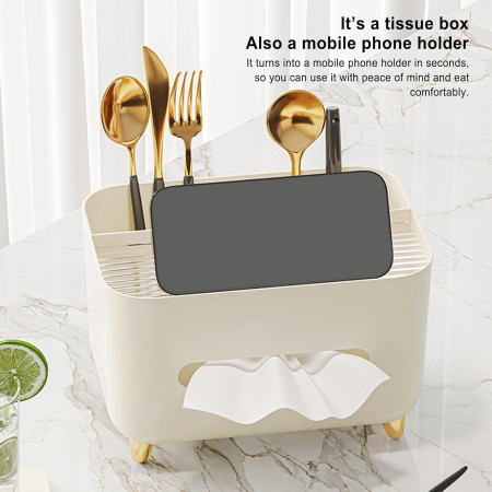 Suport pentru Servetele,  Cutie Multifunctionala, Design Minimalist, ABS, cu Suport pentru Obiectele Personale, pentru Birou, 21x15x13 cm, Crem