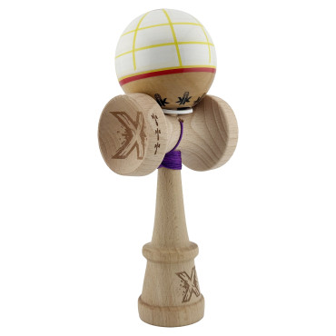 Kendama X Originala, Profesionala, Cyrax, Legendary Glob, Cupe Mari KING SIZE V3, Super Sticky, Gaura in Baza, Rulment Metalic, din lemn 18 cm, Ata 55 cm, Alb/Galben/Rosu