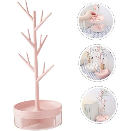 Cutie de Bijuterii,  Rotativa, cu Suport Tip Ramura, 36.5 x 14 cm, din ABS+PP, Roz