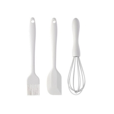 Set 3 Ustensile de Bucatarie, Cyrax, din Silicon+Inox, Termorezistente, Antiaderente, 20 x 13 x 3 cm, Alb Ivory