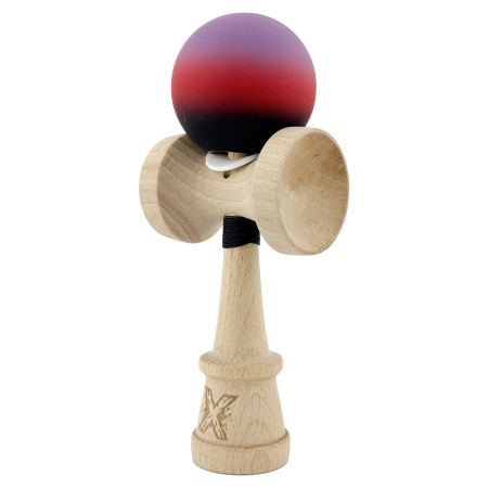 Kendama X Originala, Profesionala, Cyrax, Cupe Mari KING SIZE V3, Rubber Grip, Gaura in Baza, Rulment Metalic, din lemn 18 cm, Ata 62/65 cm, Gradient Mov/Rosu/Negru