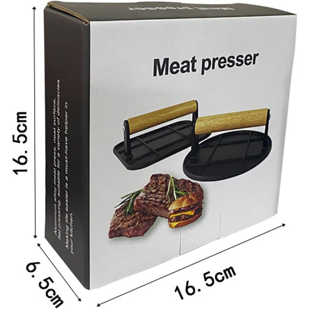 Presa Manuala pentru Carne, Cyrax, din Aliaj de Aluminiu, Maner din Lemn, Presa pentru Burgeri, Usor de Curatat si Folosit, Rotunda, 16x16x6 cm, Neagra