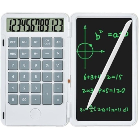 Calculator de Mana Reincarcabil cu Tabla de Scris,  Calculator Portabil, Ecran LCD, Afisaj cu 12 Cifre, Ecran de 15 cm, Culoare Alb
