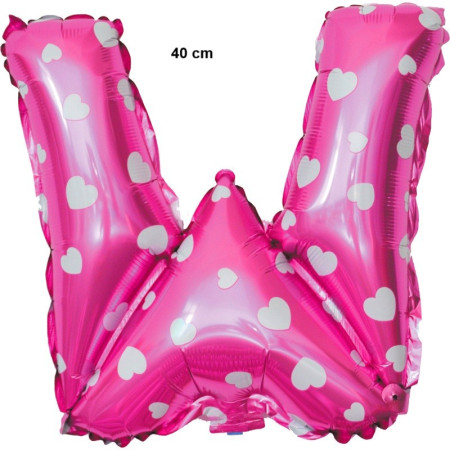 Balon Folie Metalizata Litera W, Cyrax, 40 cm, Cu Imprimeu Inimioare, Umflati cu Heliu sau Aer, Ambalaj Individual, Pai inclus, Roz