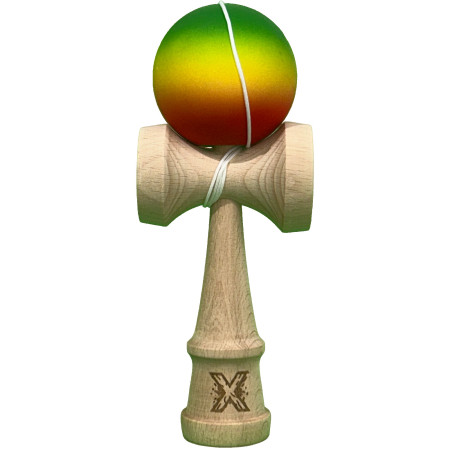 Kendama X Originala, Profesionala, Cyrax, din Lemn cu Bila Cauciucata, 18 cm, Gradient Verde/Galben/Rosu