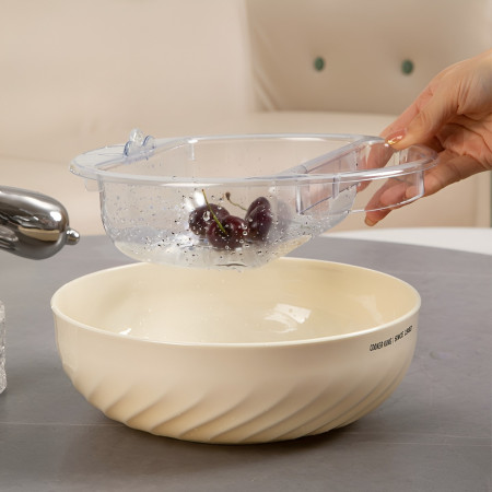 Bol cu Doua Straturi, Cyrax, pentru Fructe, Legume, Snacks, cu Strat de Scurgere a Apei, Suport pentru Telefonul Mobil, 22.4x9 cm, Crem