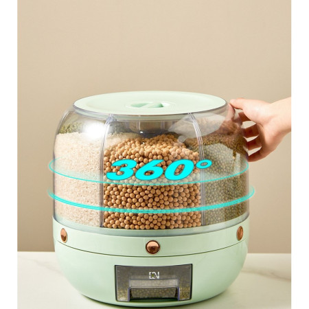 Dozator de cereale Cyrax, rotativ 360, 6 compartimente, capacitate 6 L, rezistent la umezeala, inchidere etansa, verde deschis