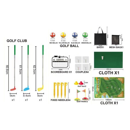 Set de Golf, Cyrax, Interactiune Parinte-Copil, Covor de Golf, 140 x 98 cm, 4 Mingii cu Scai, 3 Crose Reglabile, Model A, +3 Ani, Multicolor