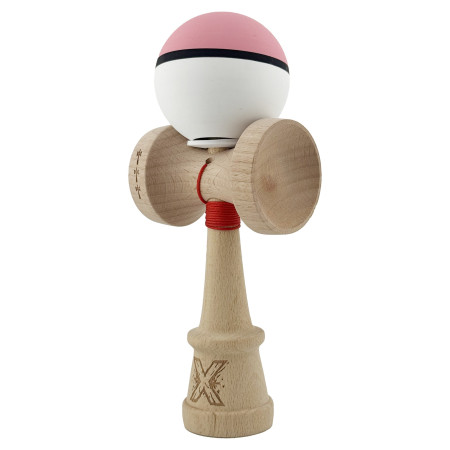 Kendama X Originala, Profesionala, Cyrax, Cupe Mari KING SIZE V3, Rubber Grip, Gaura in Baza, Rulment Metalic, din lemn 18 cm, Ata 62/65 cm, S Bicolor Roz/Alb