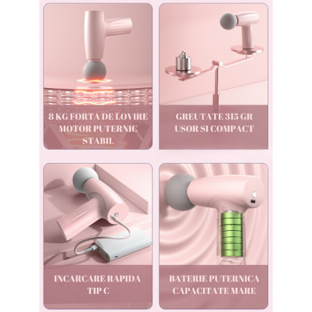 Mini Aparat de Masaj,  Tip Pistol, Incarcare USB Tip C, Portabil, Pentru Relaxare Musculara, Autonomie 120 Min, 3 Trepte de Viteza, Roz
