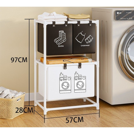 Cos de Rufe,  cu 2 Etaje,  3 Cosuri, Cadru de Otel Inoxidabil, 97x28x57 cm, Alb