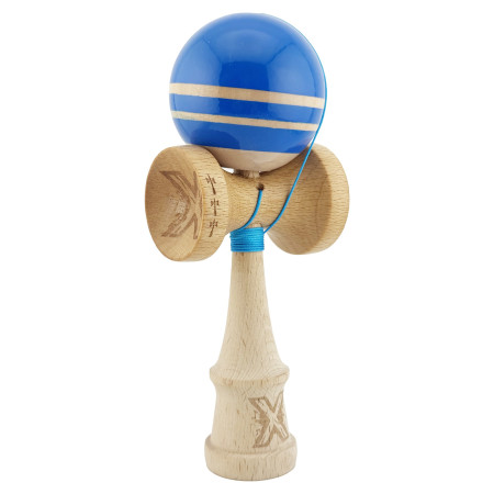 Kendama X Rainbow Originala, Profesionala, Cyrax, Big Cups V2, Super Sticky cu Cupe Mari, Rulment Metalic, din lemn 18 cm, Ata 55 cm, Albastru/Maro