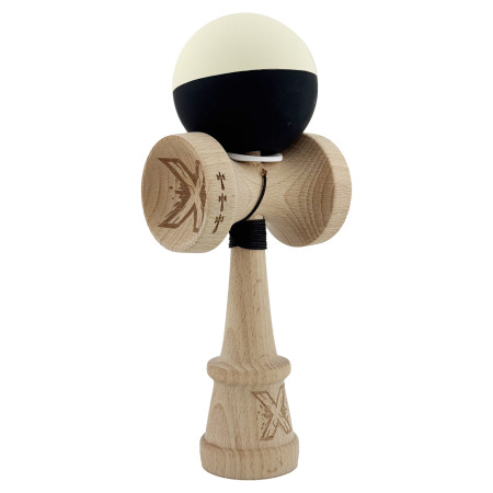 Kendama X Originala, Profesionala, Cyrax, Rubber Grip, Cupe Mari KING SIZE V3, Gaura in Baza, Rulment Metalic, din lemn 18 cm, Ata 62/65 cm, Bicolor Galben/Negru