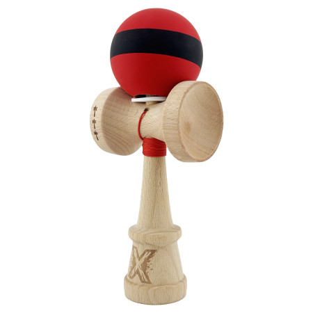 Kendama X Originala, Profesionala, Cyrax, Cupe Mari KING SIZE V3, Rubber Grip, Gaura in Baza, Rulment Metalic, din lemn 18 cm, Ata 62/65 cm, M Bicolor Rosu Dublu/Negru
