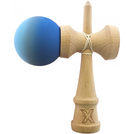 Kendama X Originala, Profesionala, Cyrax, din Lemn, Rubber Grip, 18 cm, Albastru inchis/Gri/Albastru deschis