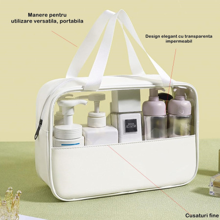 Geanta cosmetice Cyrax, pentru voiaj sau organizare, material PVC/textil, impermeabila, portabila, 26 x 15 x 10 cm, alb