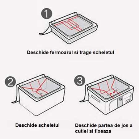 Cutie de Depozitare Pliabila,  Cu Fermoar, 66 L, Textil, 50x40x33 cm, cu 2 Ferestre, Cadru Metalic, Suport Baza Stabil din Plastic, Imprimeu Cirese, Albastru