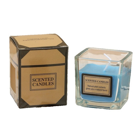 Lumanare Parfumata,  Model Pahar Transparent, cu Ulei Esential, 4.8 x 5.4 x 5.5 cm, Aroma de Frezie, Albastru