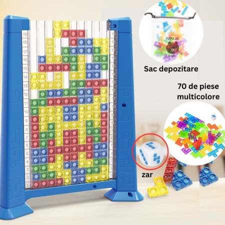 Joc de inteligenta Tetris puzzle tangram Cyrax, 70 de piese multicolore, 3D, montessori, interactiv, din plastic, zar inclus, sac depozitare piese, varsta peste 6 ani, 23 x 19.8 x 5 cm, cadru albastru