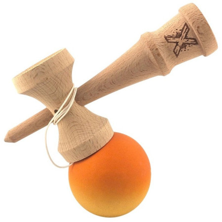 Kendama X Originala, Profesionala, Cyrax, Rubber Grip, din Lemn, 18 cm, Portocaliu/Galben