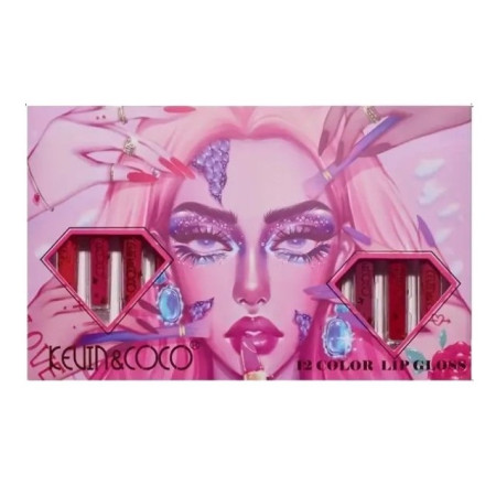Set 12 Lip Gloss Kevin&Coco, nuante de rosu si rose, cutie dreptunghiulara, 26.5x16.5x2.2 cm, 200 g, multicolor