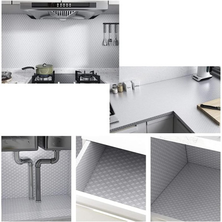 Autocolant de Bucatarie, Cyrax, Autoadeziv, Impermeabil, Rezistent la Temperaturi Ridicate, din PVC, 60 x 300 cm, Model Cub 3D, Argintiu
