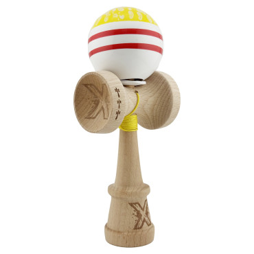 Kendama X Originala CHICANOS, Profesionala, Cyrax, Cupe Mari KING SIZE V3, Super Sticky, Gaura in Baza, Rulment Metalic, din lemn 18 cm, Ata 55 cm, Galben/Alb