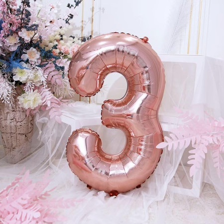 Balon din Folie Cyrax, Cifra 3, 81 cm, Pentru Aer sau Heliu, Bulk, Roz Auriu