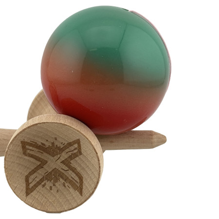 Kendama X Originala, Profesionala, Cyrax, Big Cups V2, Super Sticky Cupe Mari, Rulment Metalic cu Ata 55 cm, Rosu/Verde