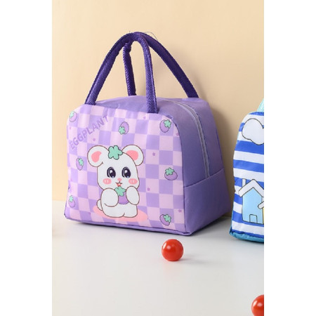 Geanta Termoizolanta pentru Copii, Cyrax, 23x13x19 cm, Model Imprimeu Iepuras, din Folie de Aluminiu si Panza Oxford, Mov