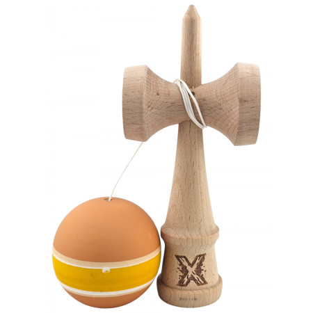 Kendama X Originala, Profesionala, Cyrax, din Lemn cu Bila cu Invelis din Cauciuc, 18 x 6 x 7 cm, Rubber Grip, Portocaliu/Galben/Alb
