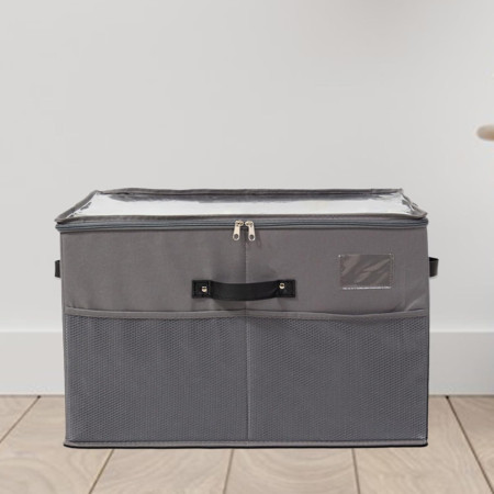 Cutie de Depozitare pentru Pantofi,  53x42x33 cm, cu Capac Transparent si Fermoar, din Panza Oxford, Pliabila, Gri