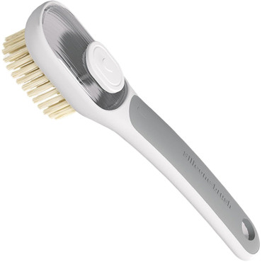 Perie Multifunctionala 2 in 1,  Perie Densa/Perie din Piele de Caprioara, cu Recipient Lichid, Maner Lung, 20.1x 4.3 x 5 cm, Gri