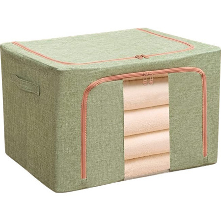 Cutie de Depozitare Pliabila,  24 L, din Bumbac si In, 40x30x20 cm, Fereastra Frontala, 2 Usi de Acces cu Fermoar Bidirectional, Cadru Metalic, Suport Baza Stabil din Plastic, Verde