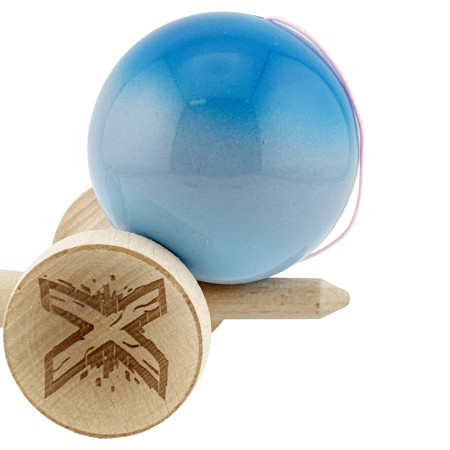 Kendama X Originala, Profesionala, Cyrax, Big Cups V2, Super Sticky Cupe Mari, Rulment Metalic cu Ata 55 cm, Albastru/Gri/Bleu
