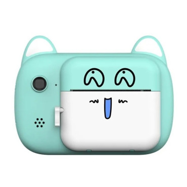 Camera Instantanee pentru Copii, Cyrax, Camera Frontala + Selfie, cu Functie de Printare, Cablu USB-C, Bluetooth, Compatibil iOS/Android, Imprimare APP, Model Pisica Smiley Face, Verde