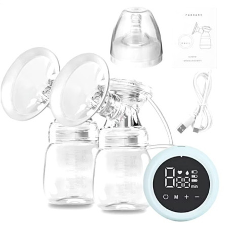 Pompa de San Electrica 2 in 1, Cyrax, cu 2 Biberoane, Capacitate 180 ml, Incarcare USB Tip C, 1200 mAh, 2 Moduri, 9 Viteze, Albastru Transparent