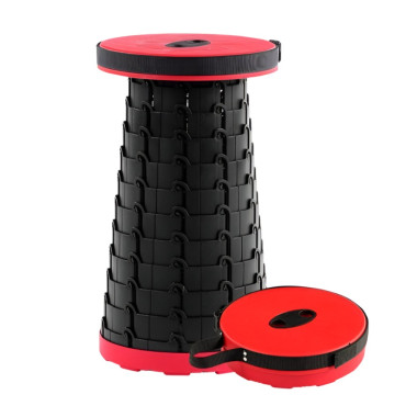 Scaun Telescopic Pliabil pentru Camping si Pescuit,  Portabil, Universal, Sustine 150 kg, ABS, Diametru 25 cm, Extensibil, Inaltime 45 cm, Rosu-Negru