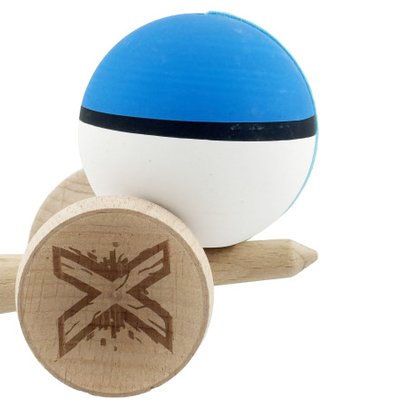 Kendama X Originala, Profesionala, Cyrax, Cupe Mari KING SIZE V3, Rubber Grip, Gaura in Baza, Rulment Metalic, din lemn 18 cm, Ata 62/65 cm, S Bicolor Albastru/Alb