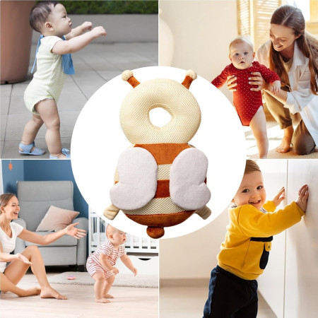 Perna tip Rucsac pentru Protectia Capului,  Tetiera tip Albina, pentru Bebelusi, Design tip Plasa, 33x6x19 cm, 180 g, Maro/Bej