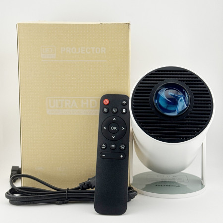 Video Proiector Portabil cilindric HY300,  Inteligent, HD 1280×720, Wireless, Compatibil cu Android/iOS, AC, 19 x 11 x 9 cm, Alb