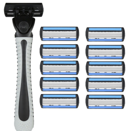 Aparat de Ras Manual,  din Otel Inoxidabil, Suport Lama + 10 Capete de Schimb Incluse, Cutie pentru Lame, Negru