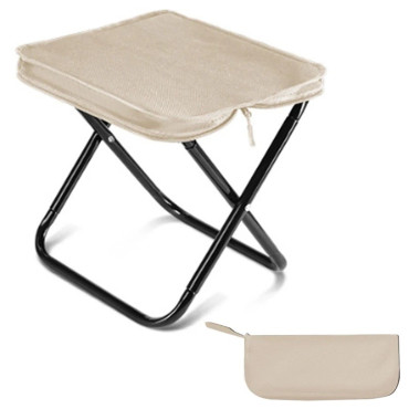 Scaun Pliabil,  pentru Adulti, Portabil, pentru Camping, Pescuit, din Panza Oxford si Cadru Metalic, 24 x 24 x 28 cm, Negru/Bej