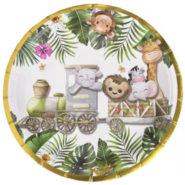 Farfurii Cartonate pentru Petreceri, Cyrax, Farfurii cartonate de unica Folosinta pentru Zile de Nastere, Model Safari cu animale, set 10 buc, Diametru 23 cm, Multicolor