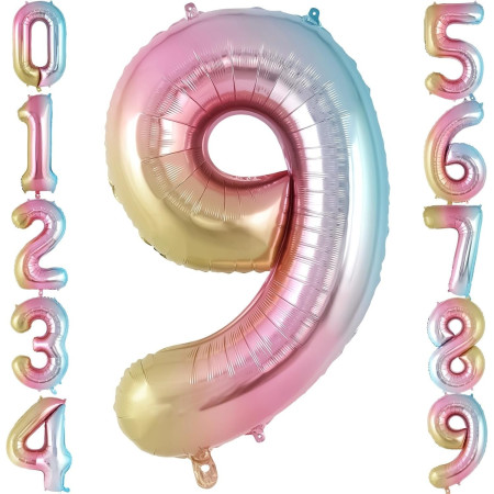 Balon din Folie Metalizata Gradient Cyrax, Figurina Cifra, Tema Aniversare 100 cm, Ambalaj Individual, Pai inclus, Umflare cu Aer sau Heliu, Multicolor, Cifra 9