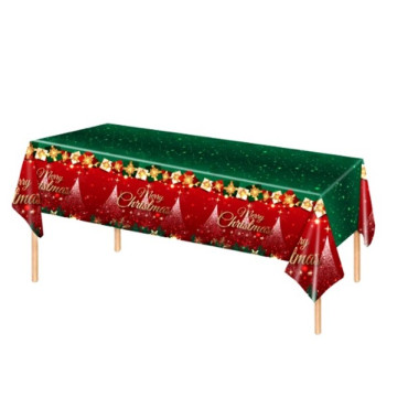 Fata de Masa Festiva, Cyrax, Dreptunghiulara, Imprimeu Merry Christmas, Tema Craciun, Rezistenta la Apa, din PVC, 137 x 274 cm, Rosu/Verde