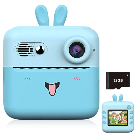 Camera Instantanee pentru Copii, Cyrax, cu Functie de Printare, Cablu USB-C, Bluetooth, Compatibil iOS/Android, Imprimare APP, Model Iepure, Snur de Agatat Inclus, Albastru