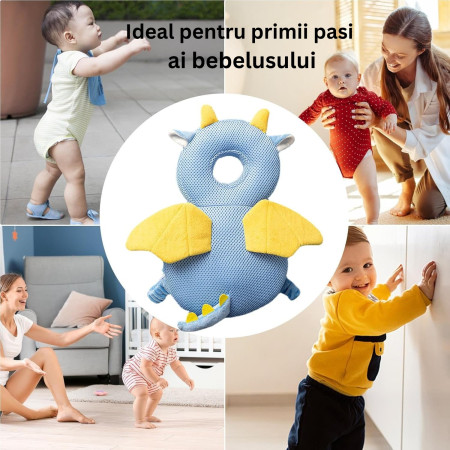 Perna tip Rucsac pentru Protectia Capului,  Tetiera tip Dragon, pentru Bebelusi, Design tip Plasa, 33x6x19 cm, 180 g, Albastru