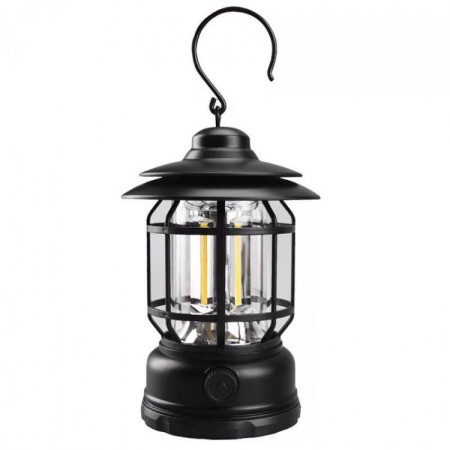 Lampa portabila camping, Felinar Vintage cu carlig, ABS, Iluminare 21 COB LED, Intensitate reglabila, 5W,  Negru