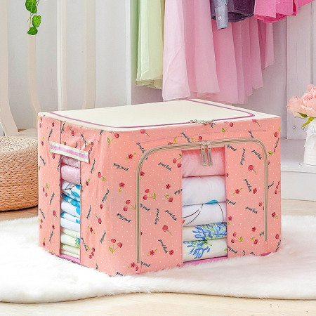 Cutie de Depozitare Pliabila,  66 L, din Tesatura Oxford, 50x40x33 cm, 2 Ferestre, Frontala si Laterala, 2 Usi de Acces cu Fermoar Bidirectional, Cadru Metalic, Suport Baza Stabil din Plastic, Imprimeu Cirese, Roz